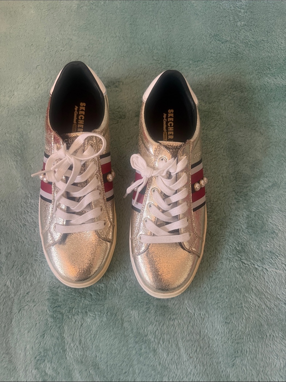 Skechers Silver Lace-Up Sneakers with Pink & Navy Stripe Accents